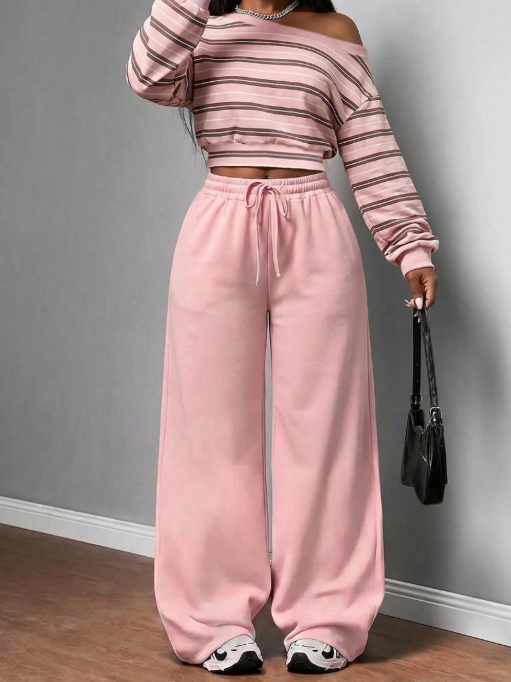 Multicolor Casual Women's One-Shoulder Cropped Top And Loose Pants Set